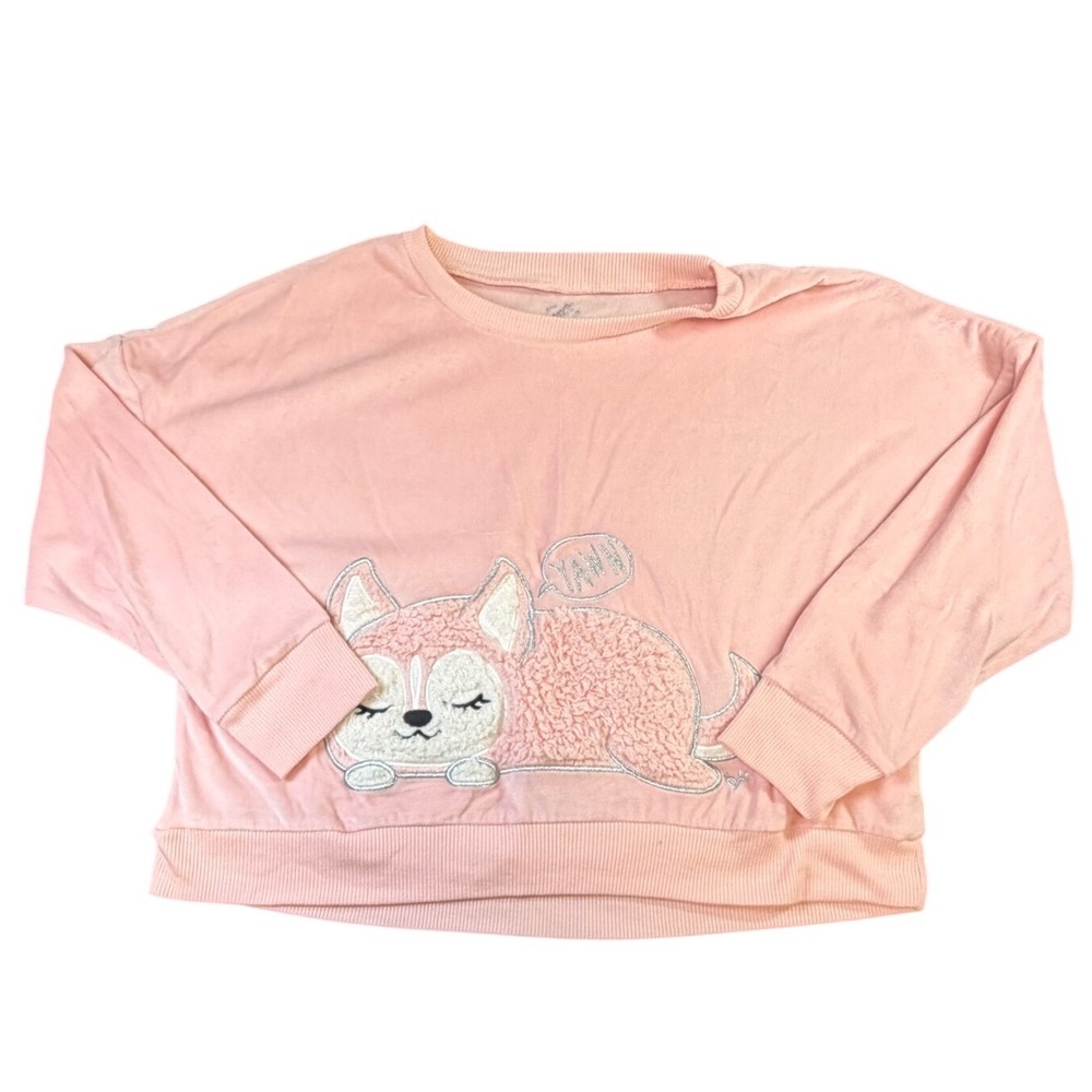 Justice Girls Pink Velour Long Sleeve Top Sleeping Puppy Yawn Graphic Size 12 J9